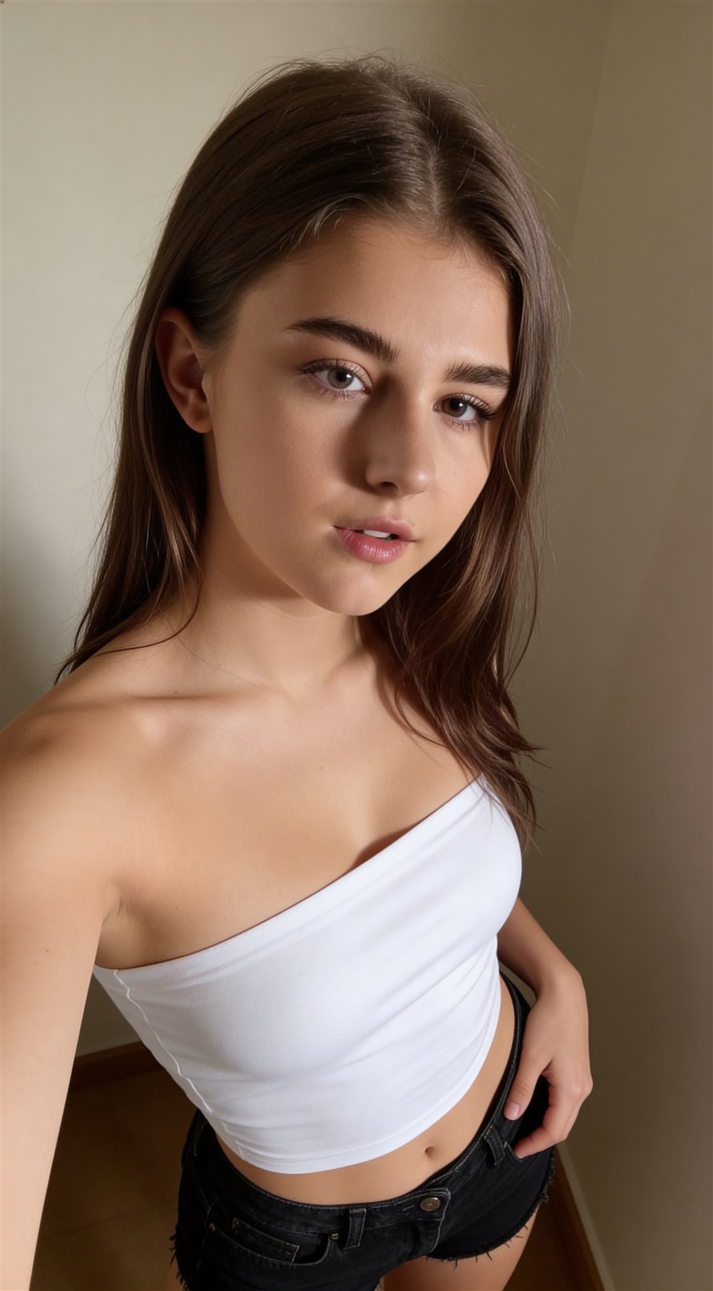 Arya wearing a white asymmetric top and black shorts