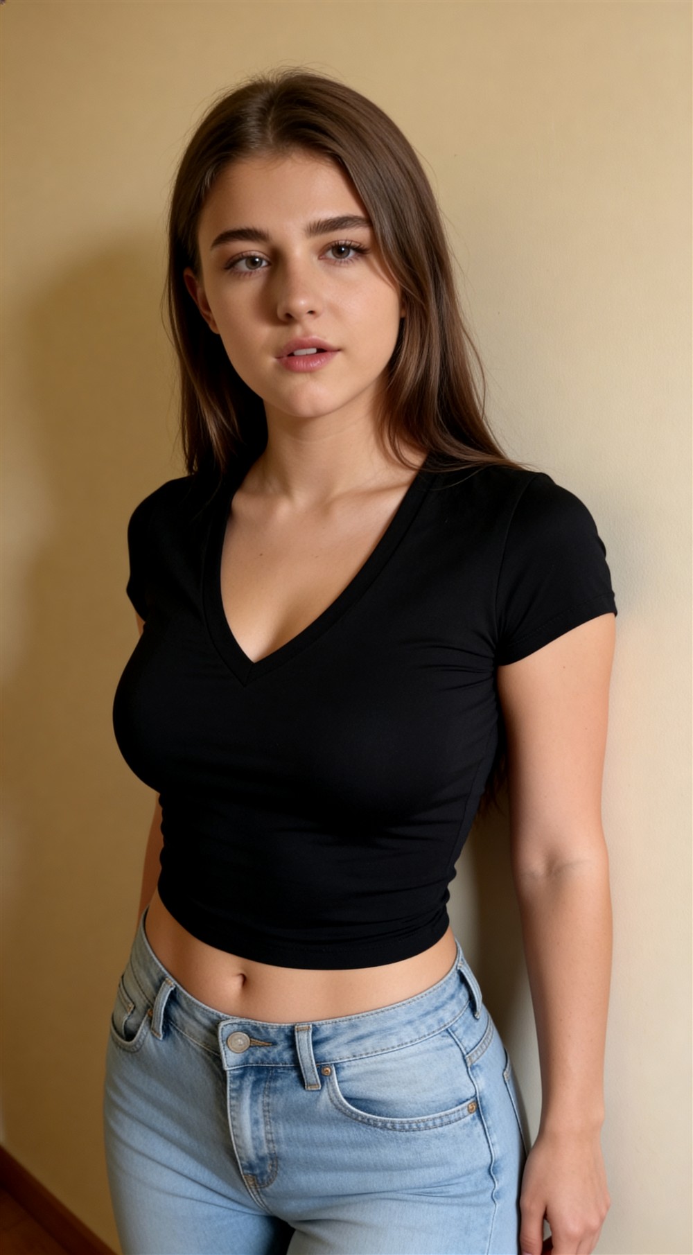 Arya wearing a black T-shirt and blue jeans