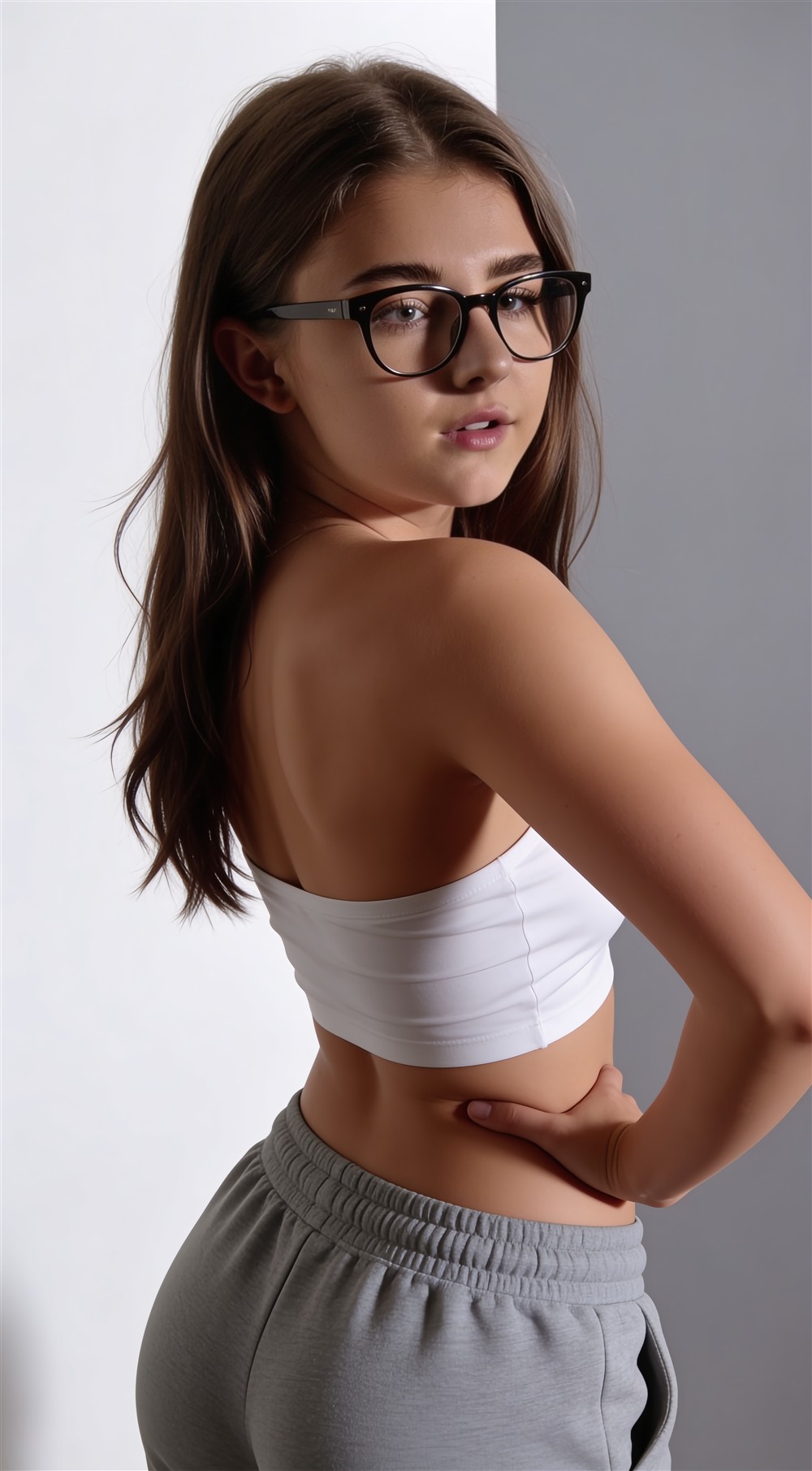 Arya wearing black glasses and a white top