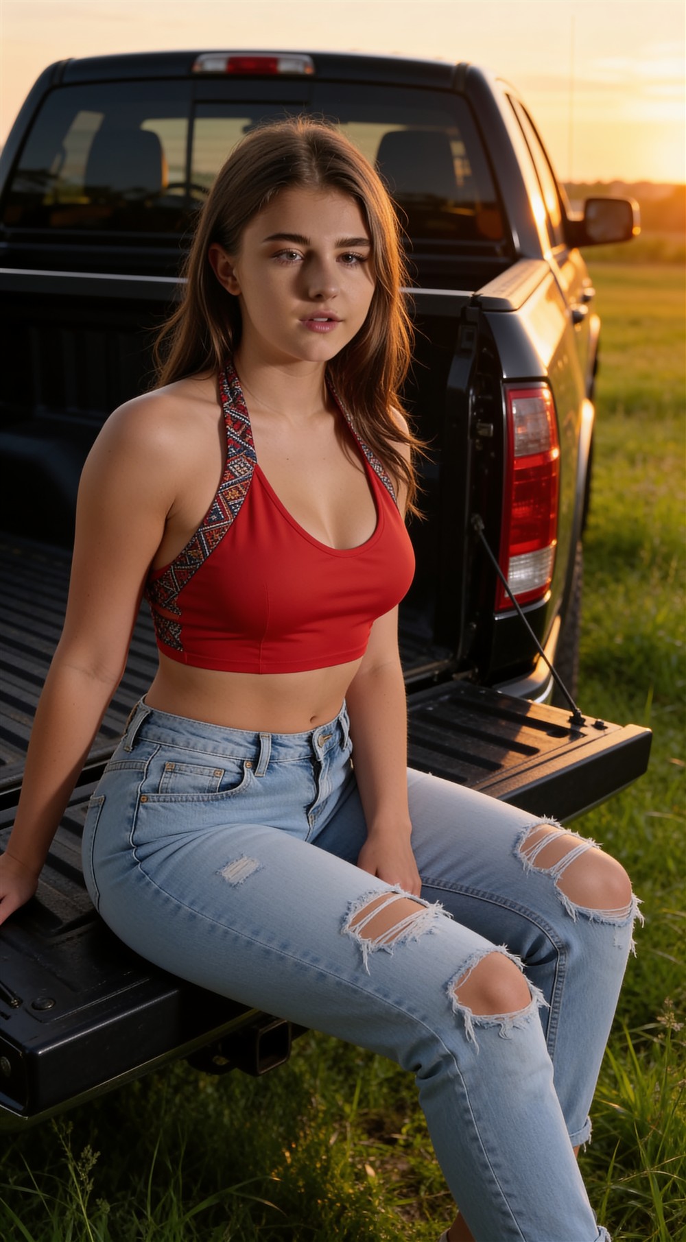 Arya in a red top and jeans beside a pickup at sunset